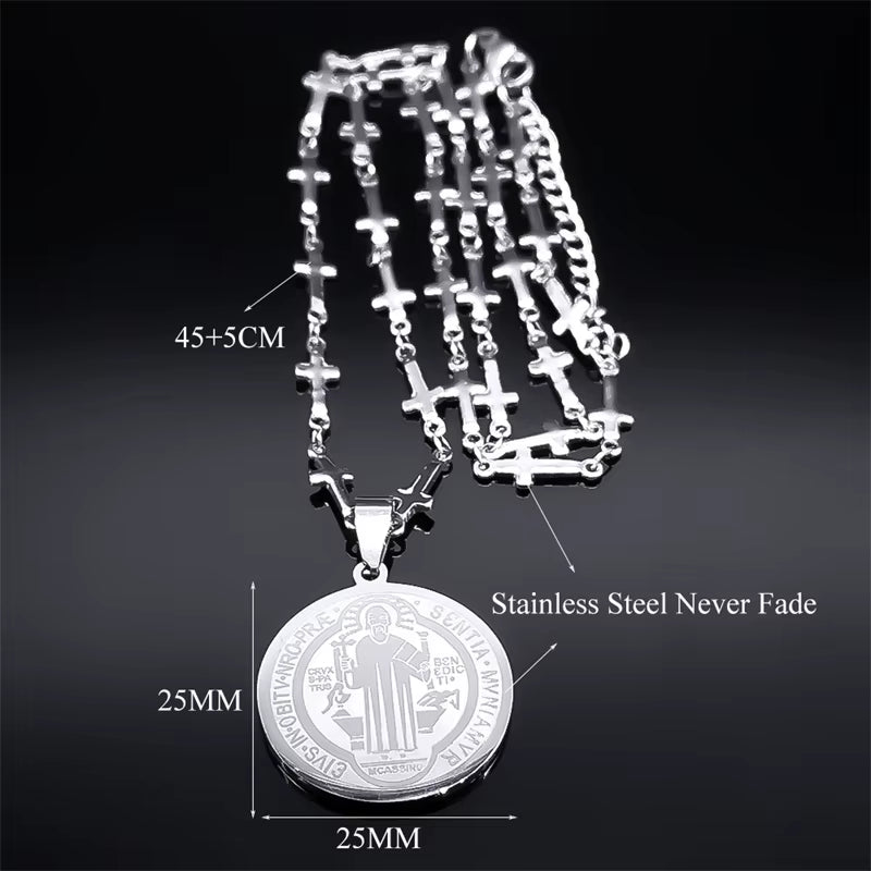 Saint Benedict Medal Stainless Steel Necklace for Women Gold Color Jesus Cross Chain Necklace Jewelry Cadenas Mujer N7913GDS02