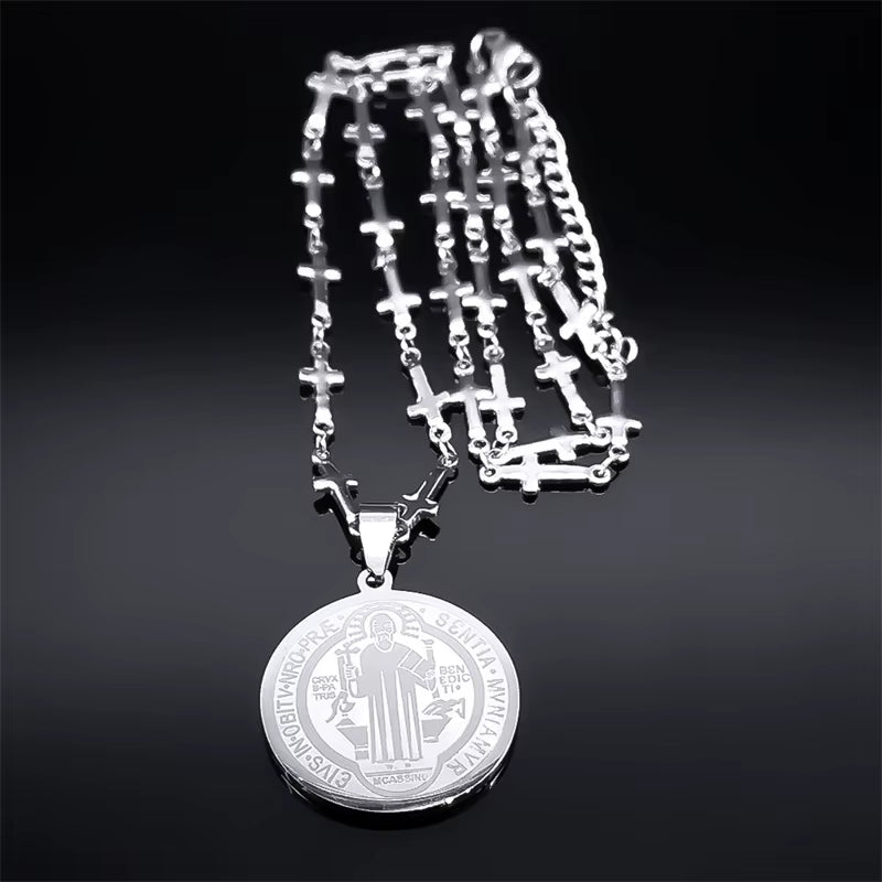 Saint Benedict Medal Stainless Steel Necklace for Women Gold Color Jesus Cross Chain Necklace Jewelry Cadenas Mujer N7913GDS02
