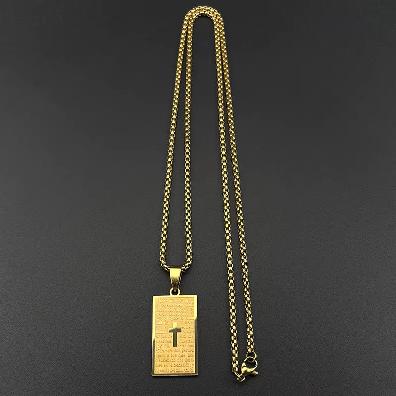 Rectangle Spanish Lord'S Prayer Bible Jesus Cross Chain Necklace for Women Men Gold Color Stainless Steel Christian Jewelry Gift