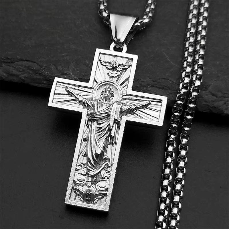 Stainless Steel Cross Jesus Pendant Necklace for Women Men Gold Color Chain Religious Crucifix Necklaces Amulet Jewelry Gift