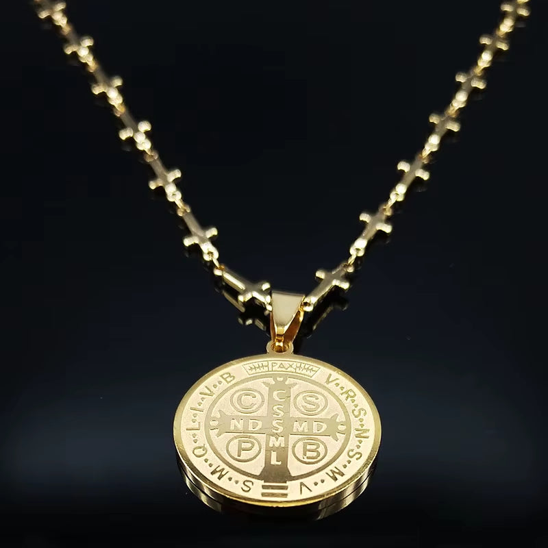 Saint Benedict Medal Stainless Steel Necklace for Women Gold Color Jesus Cross Chain Necklace Jewelry Cadenas Mujer N7913GDS02