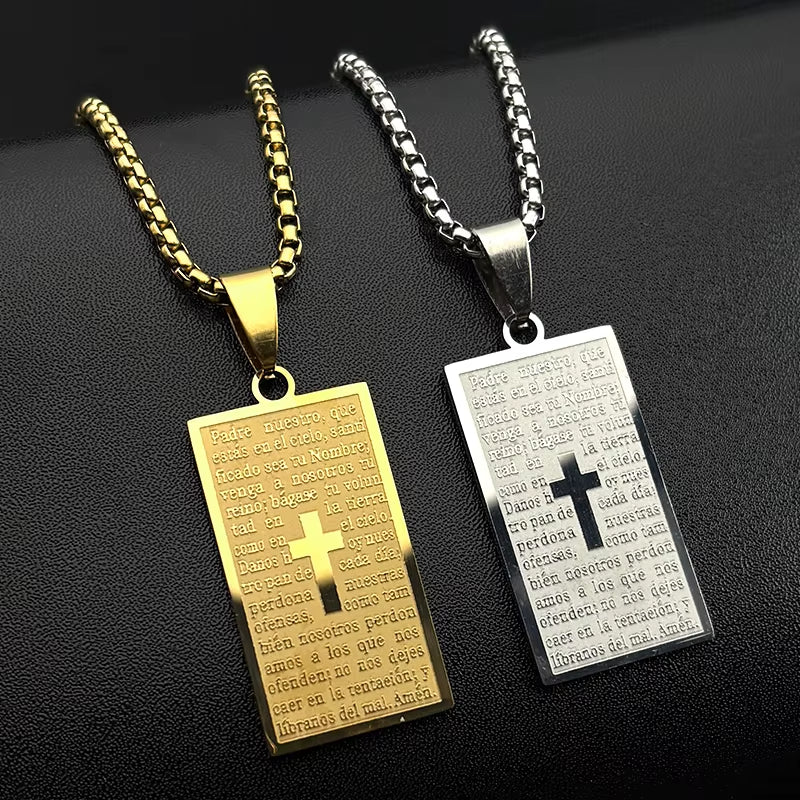 Rectangle Spanish Lord'S Prayer Bible Jesus Cross Chain Necklace for Women Men Gold Color Stainless Steel Christian Jewelry Gift