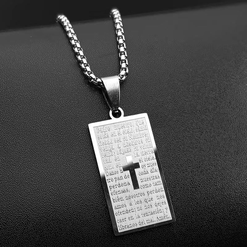 Rectangle Spanish Lord'S Prayer Bible Jesus Cross Chain Necklace for Women Men Gold Color Stainless Steel Christian Jewelry Gift