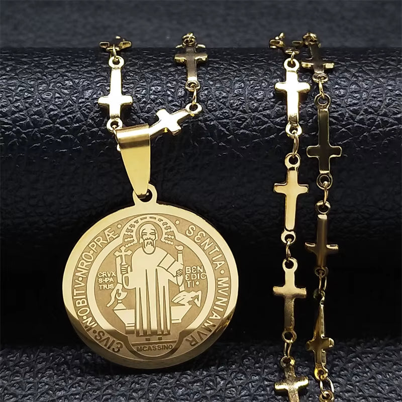 Saint Benedict Medal Stainless Steel Necklace for Women Gold Color Jesus Cross Chain Necklace Jewelry Cadenas Mujer N7913GDS02