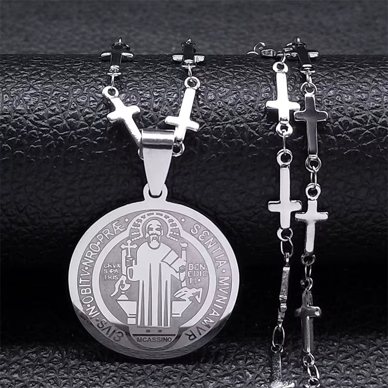 Saint Benedict Medal Stainless Steel Necklace for Women Gold Color Jesus Cross Chain Necklace Jewelry Cadenas Mujer N7913GDS02