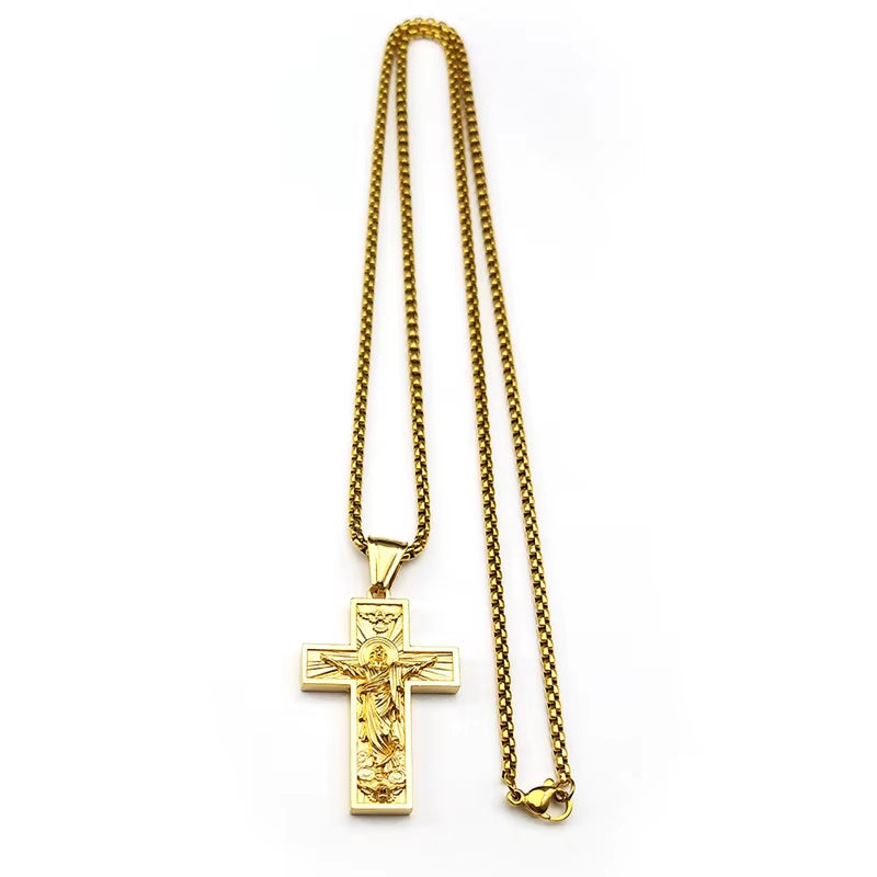 Stainless Steel Cross Jesus Pendant Necklace for Women Men Gold Color Chain Religious Crucifix Necklaces Amulet Jewelry Gift