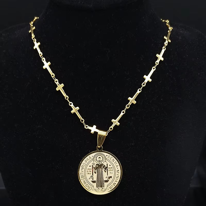 Saint Benedict Medal Stainless Steel Necklace for Women Gold Color Jesus Cross Chain Necklace Jewelry Cadenas Mujer N7913GDS02