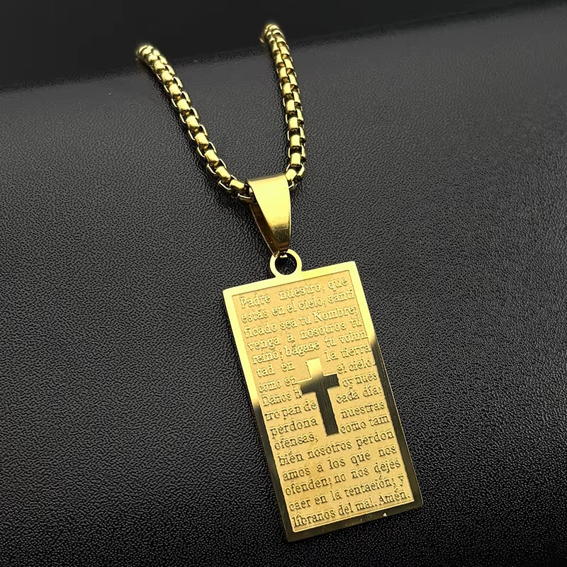 Rectangle Spanish Lord'S Prayer Bible Jesus Cross Chain Necklace for Women Men Gold Color Stainless Steel Christian Jewelry Gift