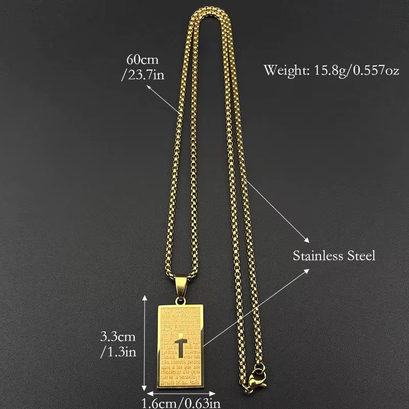 Rectangle Spanish Lord'S Prayer Bible Jesus Cross Chain Necklace for Women Men Gold Color Stainless Steel Christian Jewelry Gift
